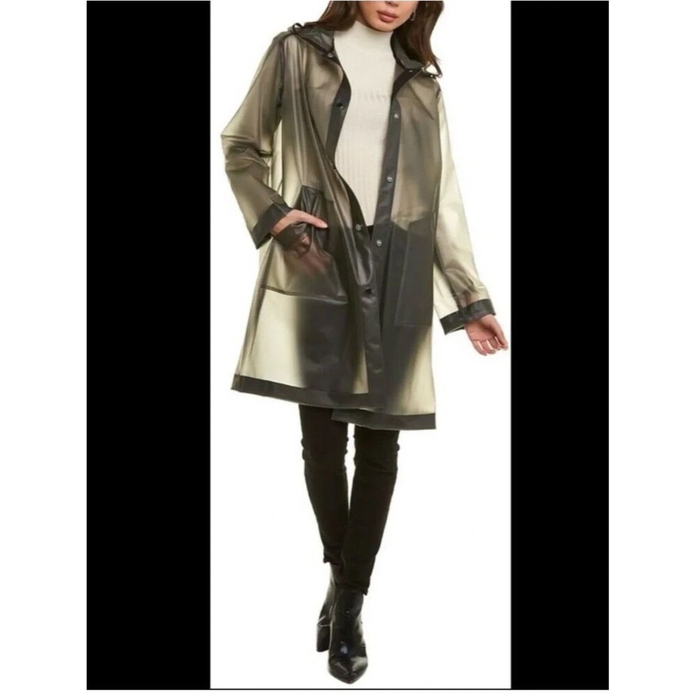 New NWT $375 Jane Post M Smoke Gray Translucent Rain Coat Hooded Womens Medium